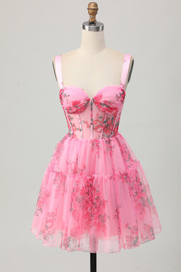 Pink Floral A Line Straps Short Corset Cocktail Dress with Ruffles